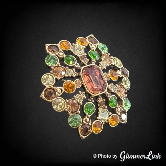 Liz Claiborne Honey Brown Orange Green Rhinestone Brooch Signed LC - Picture 2 of 6